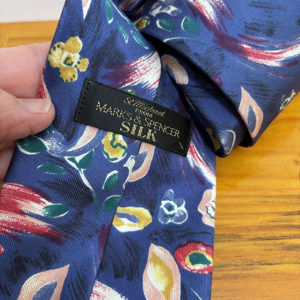 ST MICHAEL by MARKS & SPENCER 100% SILK Mens Blue Floral Tie Made in UK - Picture 3 of 6